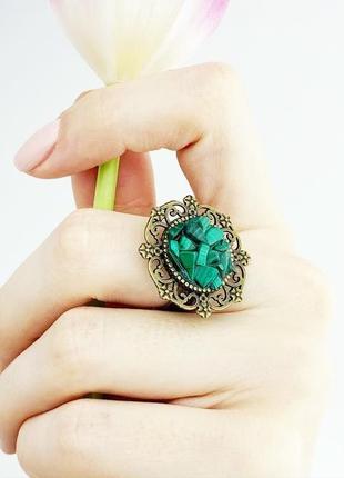 Кольцо с кристаллами изумрудного малахита зелёное колечко подарок девушке (модель № 664) jk jewelry6 фото