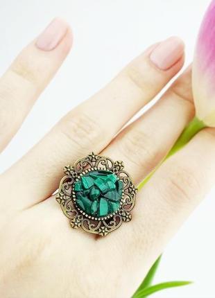 Кольцо с кристаллами изумрудного малахита зелёное колечко подарок девушке (модель № 664) jk jewelry7 фото