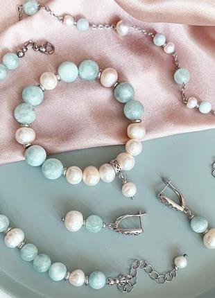 Сережки з м'ятного ангеліту та натуральних річкових перлів подарунок дівчині (модель No 718) jk jewelry9 фото