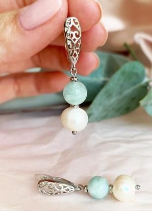 Серьги из мятного ангелита и натурального речного жемчуга подарок девушке (модель № 718) jk jewelry4 фото