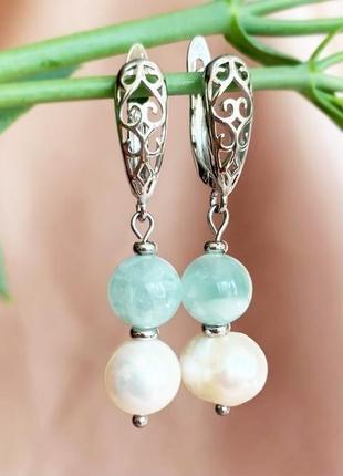 Сережки з м'ятного ангеліту та натуральних річкових перлів подарунок дівчині (модель No 718) jk jewelry