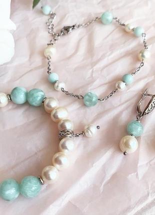 Сережки з м'ятного ангеліту та натуральних річкових перлів подарунок дівчині (модель No 718) jk jewelry10 фото