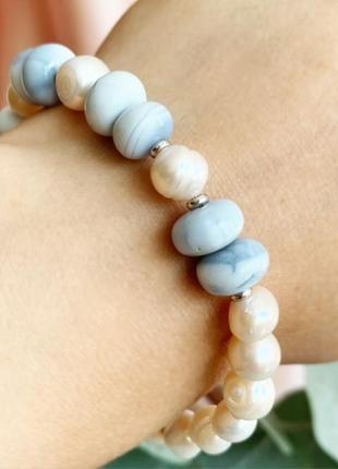 Браслет із блакитного мереживного агату та натуральних річкових перлів (модель No 721) jk jewelry4 фото