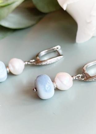 Сережки з блакитного агату та натуральних річкових перлів подарунок дівчині (модель No 722) jk jewelry4 фото