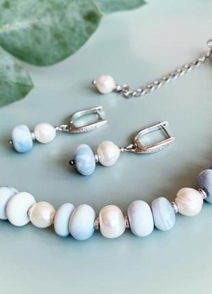 Сережки з блакитного агату та натуральних річкових перлів подарунок дівчині (модель No 722) jk jewelry10 фото