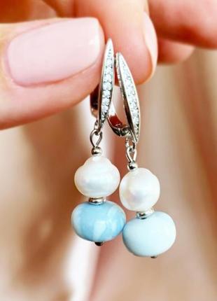 Сережки з блакитного агату та натуральних річкових перлів подарунок дівчині (модель No 722) jk jewelry5 фото