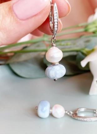 Сережки з блакитного агату та натуральних річкових перлів подарунок дівчині (модель No 722) jk jewelry6 фото