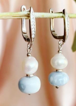 Сережки з блакитного агату та натуральних річкових перлів подарунок дівчині (модель No 722) jk jewelry2 фото