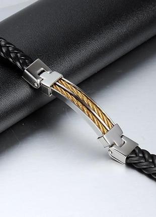 Чоловічий шкіряний браслет primo steel rope - gold2 фото