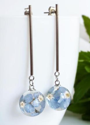 Довгі сережки з незабудками в стилі геометрія. сині незабудки. (модель № 2476) glassy flowers1 фото