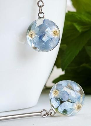 Длинные серьги с настоящими незабудками голубые незабудки. (модель № 2839) glassy flowers4 фото