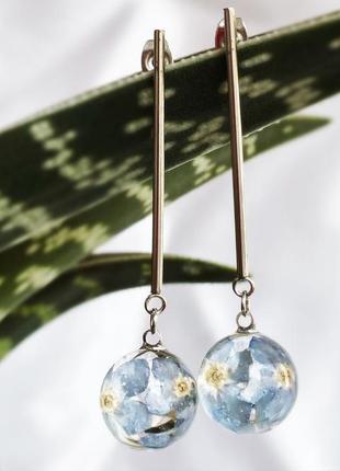 Довгі сережки з незабудками в стилі геометрія. сині незабудки. (модель № 2476) glassy flowers5 фото
