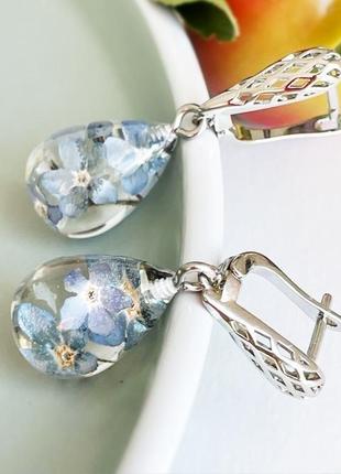 Нежные серьги капельки с незабудками голубые капли незабудки (модель № 2857) glassy flowers6 фото