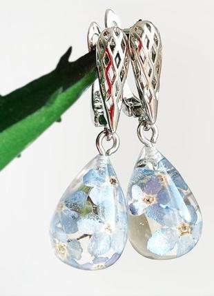 Нежные серьги капельки с незабудками голубые капли незабудки (модель № 2857) glassy flowers5 фото