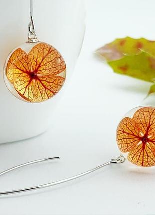 Вогняні сережки з квітами гортензії помаранчеві квіти подарунок дівчині (модель № 2698) glassy flowers