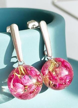 Маленькие серьги с цветами вереска эрика подарок на 8 марта девушке (модель № 2881) glassy flowers