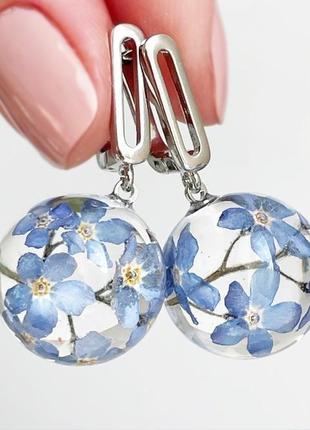 Серьги с незабудками. украшения из настоящих цветов голубые незабудки (модель № 2854) glassy flowers