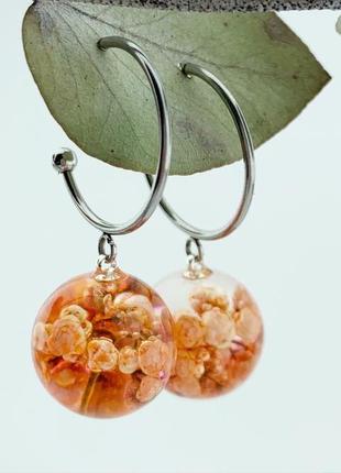 Теракотові сережки з квітами озотамнуса подарунок дівчині мамі дружині (модель № 2727) glassy flowers8 фото