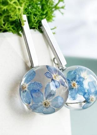 Серьги-шарики с цветами голубых незабудок (модель № 2836) glassy flowers7 фото