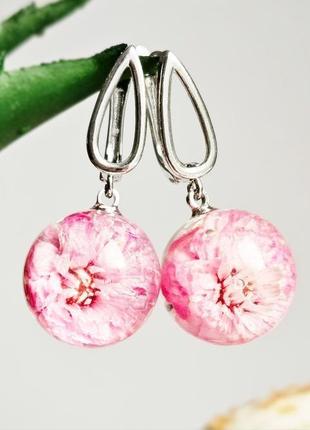 Рожеві сережки з квітами перловиці сакура подарунок на 8 березня дівчині (модель No 2889) glassy flowers