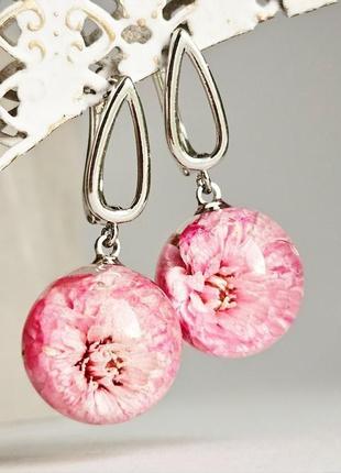 Рожеві сережки з квітами перловиці сакура подарунок на 8 березня дівчині (модель No 2889) glassy flowers8 фото