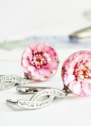 Розовые серьги с цветами жемчужницы сакура подарок на 8 марта девушке (модель № 2890) glassy flowers6 фото