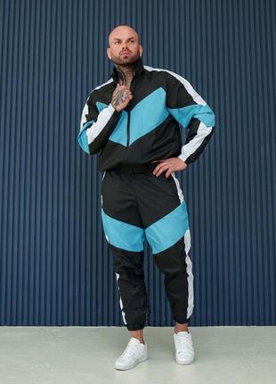 Мужской спортивный костюм из плащевки черный с голубым ветровка + штаны весенний (b)3 фото
