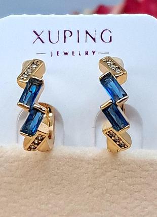 Сережки-кільця з синіми камінцями із медичного золота, с-37601 фото