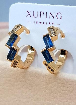 Сережки-кільця з синіми камінцями із медичного золота, с-37602 фото