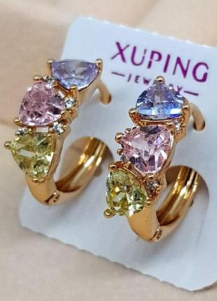 Медичне золото, сережки з різнокольоровими камінцями, позолота 18к, бренд xuping, с-30591 фото