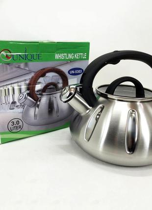 Yui чайник со свистком unique un-5303 кухонный на 3 литра, металический чайник из нержавейки. цвет: черный