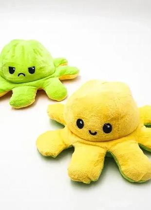Мягкая игрушка осьминог перевертыш двусторонний «веселый + грустный»  зеленый желтый1 фото