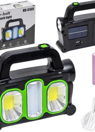 Yui фонарь ручной на солнечной батарее 3в1 hb-6168-led+2cob с боковой лампой, 3 режима с функцией power bank