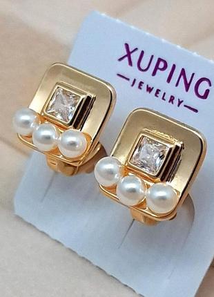 Cережки з перлами із медичного золота "олівія". позолота xuping, застібка кільця, с-35763 фото