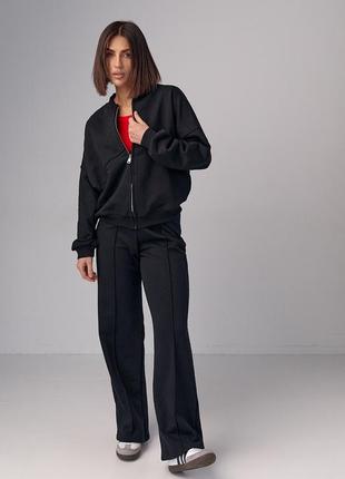 Трикотажний жіночий костюм з бомбером та прямими штанами - чорний колір, l (є розміри)6 фото