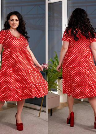 Коттоновое летнее женское платье в горошек а-силуэта красного цвета  50-62,54-56,58-60,62-64,66-681 фото