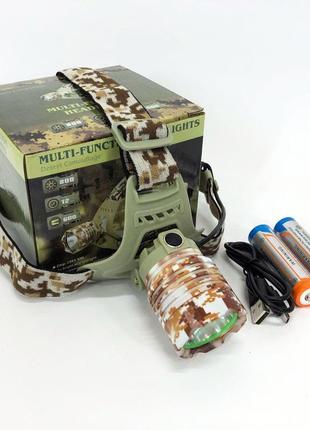 Yui ліхтар налобний 2130-t6 military, акумуляторний 18650х2, zoom, зарядка micro usb, головний ліхтарик