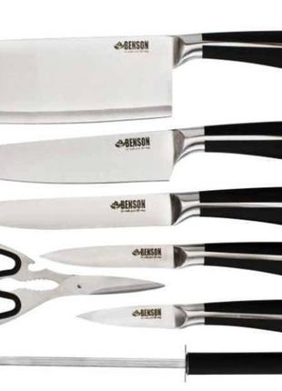 Набор ножей benson bn-401 кухонных 9 предметов на подставке + ножницы и овощечистка серебристый