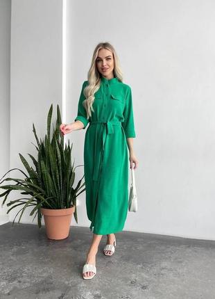 Женское стильное повседневное платье с поясом легкое летнее в зеленом цвете ткань креп жатка длина миди2 фото