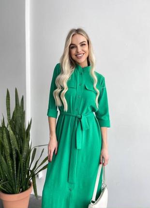 Женское стильное повседневное платье с поясом легкое летнее в зеленом цвете ткань креп жатка длина миди4 фото
