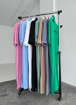 Женское стильное повседневное платье с поясом легкое летнее в зеленом цвете ткань креп жатка длина миди8 фото