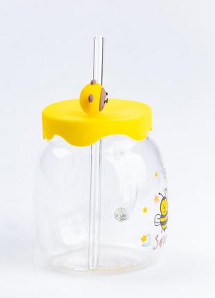 Чашка з пластиковою кришкою та трубочкою кружка бджілка2 фото