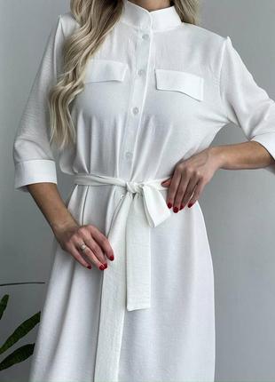 Женское стильное повседневное платье с поясом легкое летнее в молочном цвете ткань креп жатка длина миди5 фото