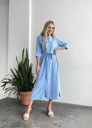 Женское стильное повседневное платье с поясом легкое летнее в голубом цвете ткань креп жатка длина миди