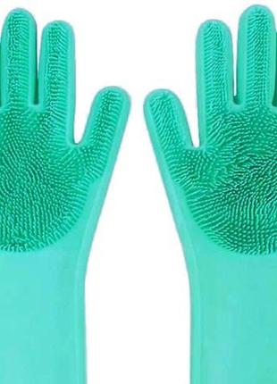 Силіконові рукавички для миття та чищення magic silicone gloves з ворсом бірюзові1 фото