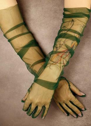 Рукавички фатинові довгі 70см прозорі рукавички з сітки вище ліктя (темно-зелений)1 фото