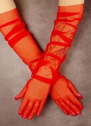 Рукавички фатинові довгі 70см прозорі рукавички з сітки вище ліктя (червоний)