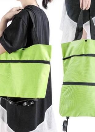 Складная сумка–трансформер 2в1 шоппер на колесиках зеленая