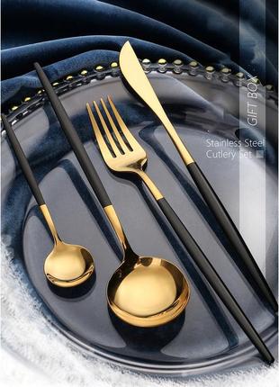 Набор столовых приборов polished set 4 золотые предметы с черной ручкой4 фото
