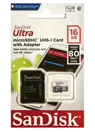 Карта памяти 16 gb microsd sandisk ultra uhs-i с адаптером (sdsquns-016g-gn3ma)